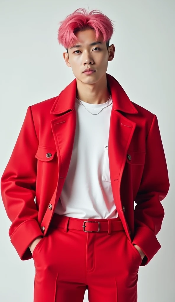 Hot Korean man with defined pink hair, red jacket with white hair open, tight red pants, front view, K-idol, masterpiece  