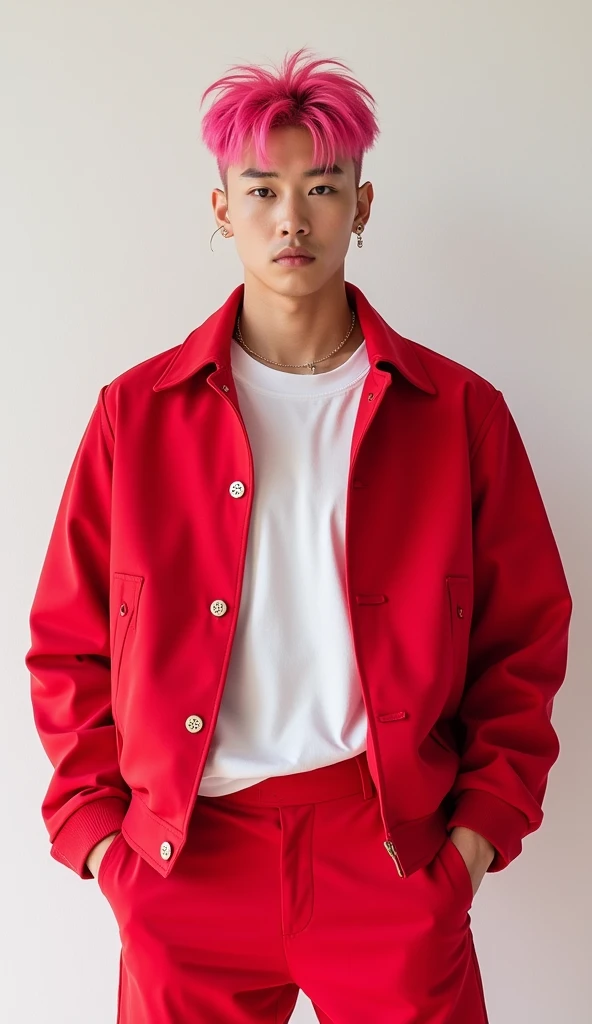 Hot Korean man with defined pink hair, red jacket with white hair open, tight red pants, front view, K-idol, masterpiece