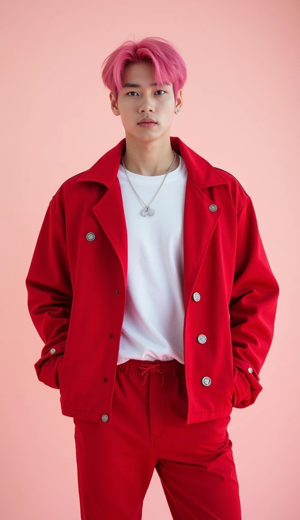 Hot Korean man with defined pink hair, red jacket with white hair open, tight red pants, front view, K-idol, masterpiece  