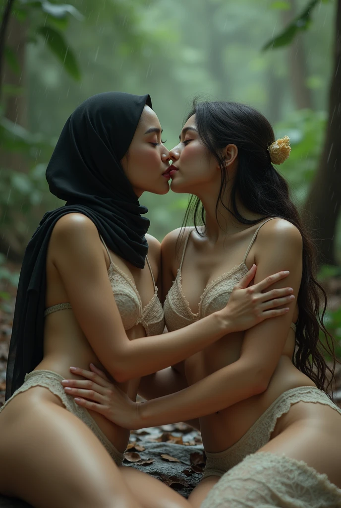 beautiful hijab asian lesbian girl laying down,bra and panties,hugging,in the Wood,kiss,lesbian sex,raining,front view ,medium breast,far view 