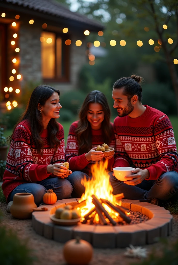 Create a photo showing a family consisting of two 16-year-old daughters, the mother and the father, at Christmas sitting in the garden of their house with a bonfire in the center with Christmas sweaters all the same, eating tamales and punch