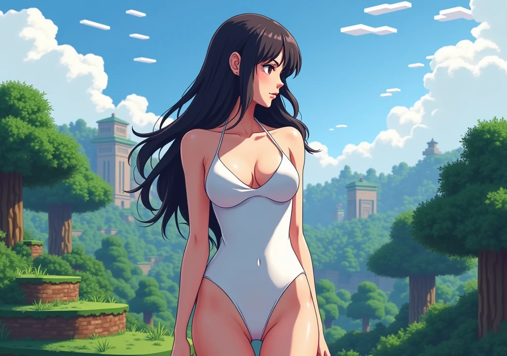 an adult female character in white sexy 2d anime clothes looking at a landscape in minecraft 