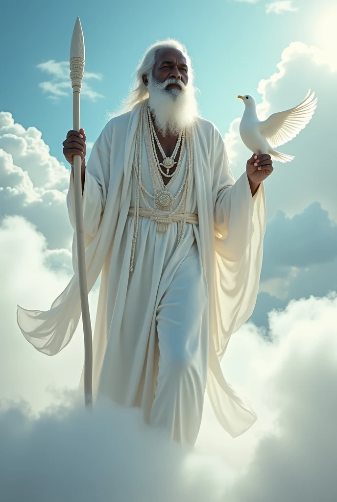 wide angle shot(best quality), (highres:1.1), ((absurdres)), (incredibly detailed) Orisha Black Man, elder, white bearded, Walking on clouds, White tunic, white necklaces, holding a white dove in his hand, silver staff, floor. photographed using a high-end DSLR camera.