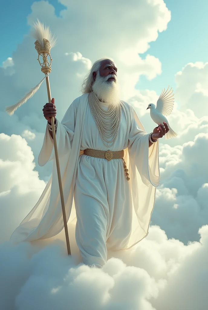 wide angle shot(best quality), (highres:1.1), ((absurdres)), (incredibly detailed) Orisha Black Man, elder, white bearded, Walking on clouds, White tunic, white necklaces, holding a white dove in his hand, silver staff, floor. photographed using a high-end DSLR camera.