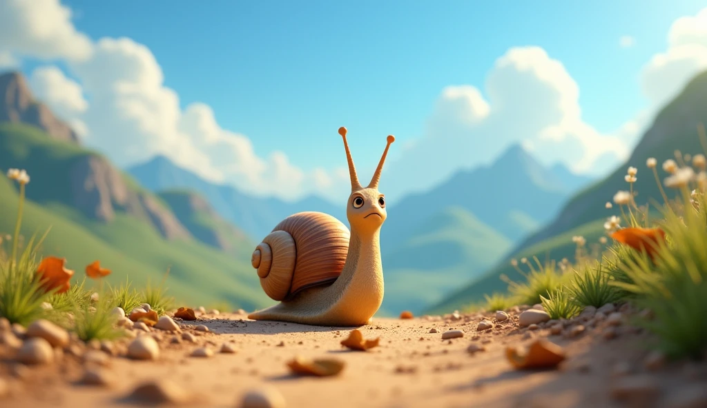 Description: "nico, the snail, is slowly gliding down a dirt path at the beginning of its long journey. The ground is covered with pebbles and dry leaves, while the sky is clear blue with soft clouds. No fundo, we see the vast valley he must cross, with distant mountains and green fields. nico está determinado, even if it seems fragile in the face of the immensity of the landscape. O estilo 3D detalha sua textura e o contraste entre o pequenthe snail e o enorme mundo ao redor, with a vibrant and magical touch, typical Disney Pixar."