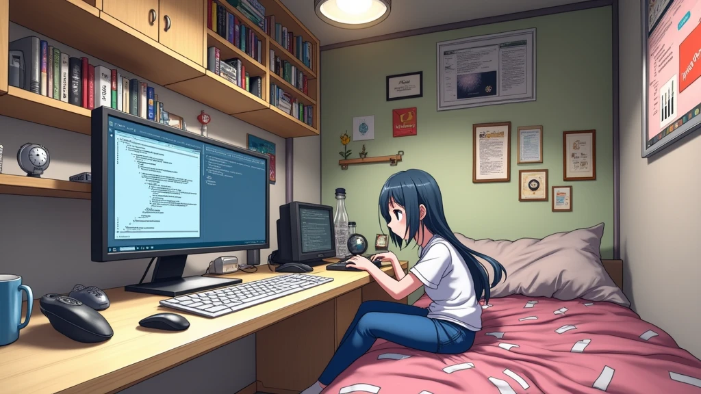 a bedroom of a nerdy anime girl, (no-character:1.4), on the computer screen runs Linux and a development IDE, masterpiece, precision, realistic, picture from far
