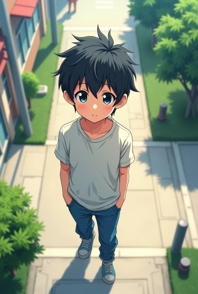 Anime boy dressed casually the viewer sees him from the air 