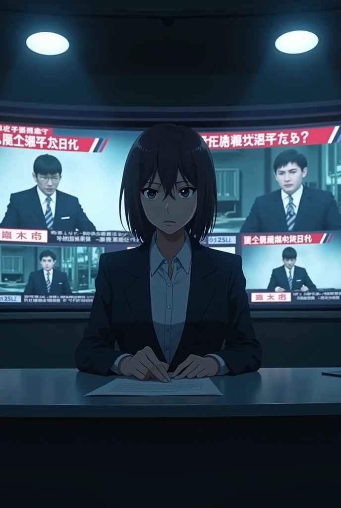 An anime-style image of a serious-looking news anchor in a dimly lit, modern newsroom. The anchor is sitting behind a desk, speaking into the camera with a concerned expression. Behind the anchor, large screens display breaking news headlines and images of worried citizens.