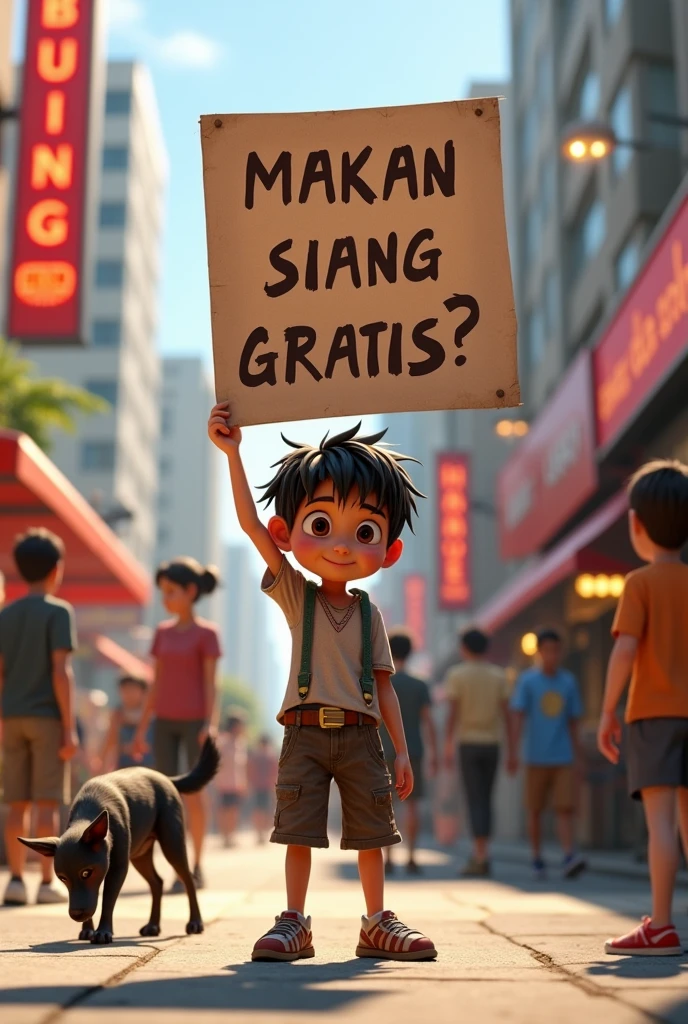 A homeless boy named "bujang" holding banner with text "makan siang gratis?", realistic messy hair, pixar style