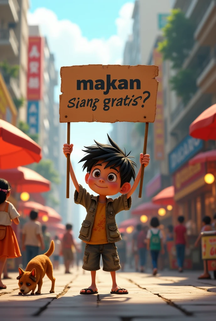 A homeless boy named "bujang" holding banner with text "makan siang gratis?", pixar style
