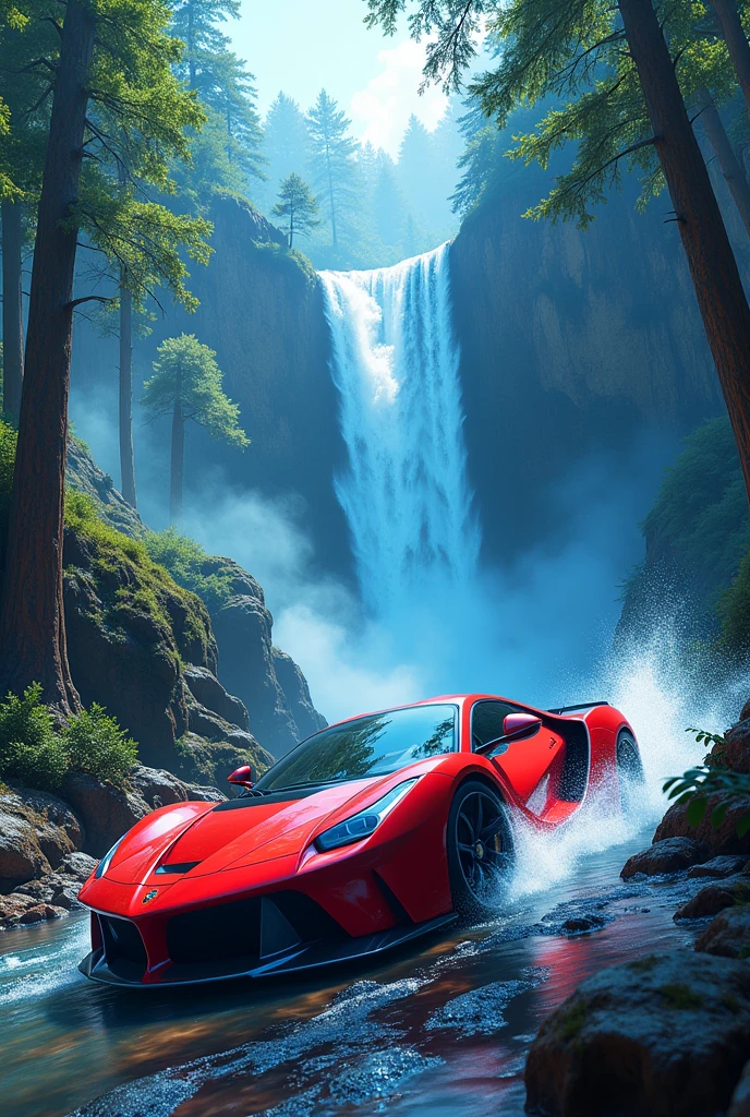 A red car is driving through blue trees and with waterfall