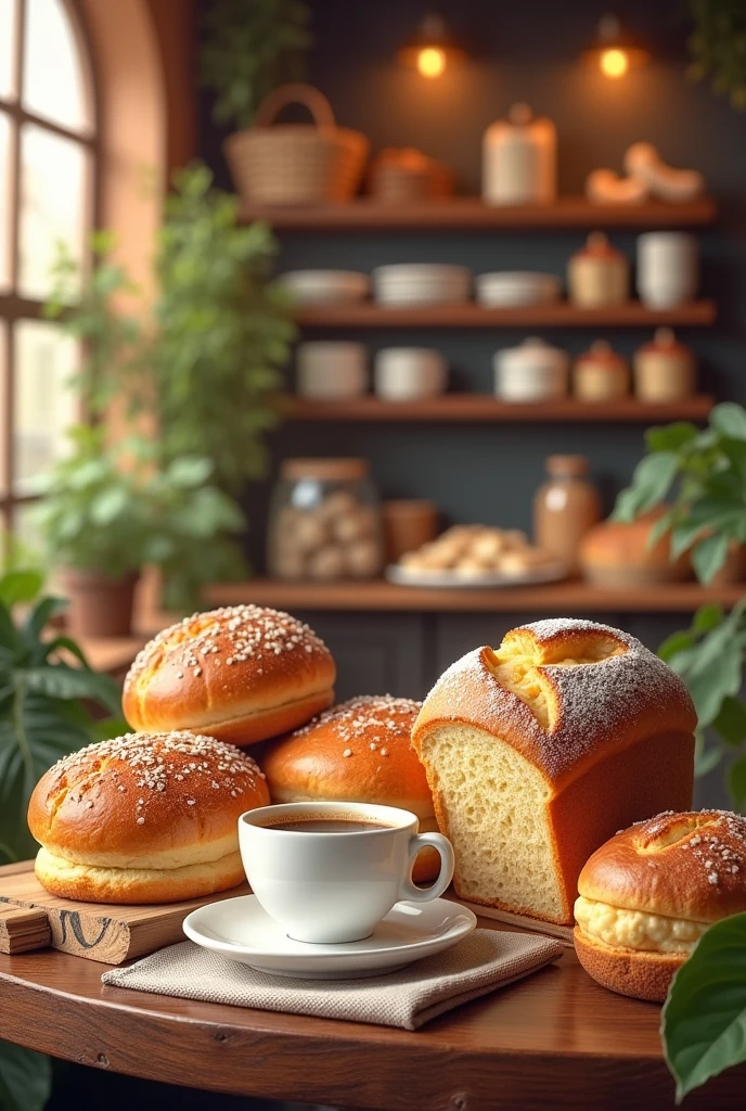 Cake shop coffee shop poster、
There is cake on the content、bread、Coffee elements,Realistic style,Business,Some green plants