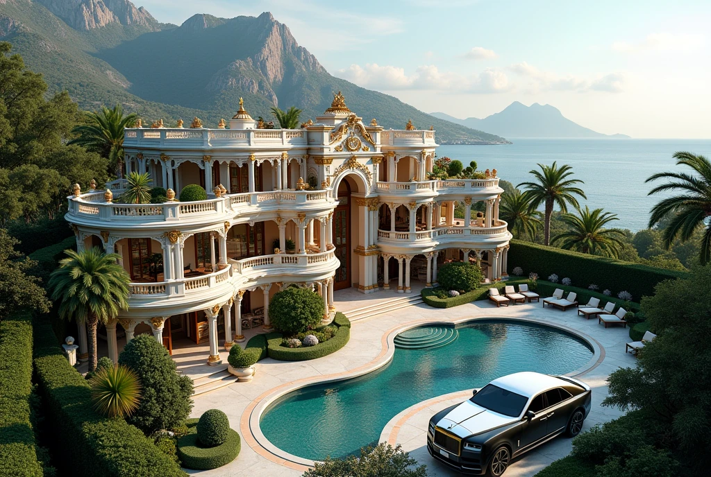 luxury mansion with a luxuary car parked in front of it, green yard with trees, behind sea and mountains, luxury pool, luxury lifestyle, luxurious environment, luxury architecture, rich, huge mansion, rich style, luxury and elite, extremely opulent, luxurious, hyper luxurious, majestic masterpiece, wealthy, luxury, stunning grand architecture, exquisite masterpiece, flaunting his wealth, inside a grand, architectural masterpiece