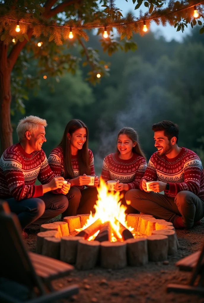 Create a photo showing a family consisting of two 16-year-old daughters, the mother and the father, at Christmas sitting in the garden of their house with a bonfire in the center with Christmas sweaters all the same, eating tamales and punch