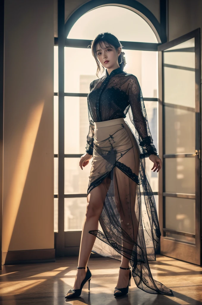 a very detailed and realistic CG Unity 8K wallpaper, high quality, extremely detailed, photorealistic, extremely detailed  office lady full body,( sheer skirt), intricate details, studio lighting, masterpiece, cinematic lighting, delicate fabric, elegant pose, sharp focus, hyper-detailed, vibrant colors