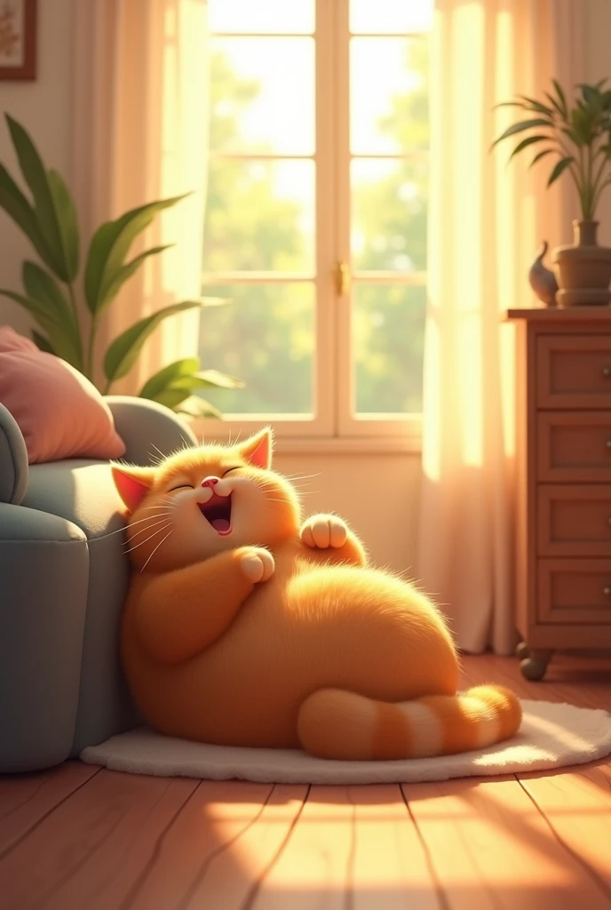  Mr. Whiskers, the cute orange chubby cat, is lying in a cozy spot on the living room floor. The morning sun is streaming through the curtains, warming his fur. He lazily stretches his plump body, yawns, and rolls over, enjoying the warmth. The scene captures the peacefulness and contentment of a lazy morning.