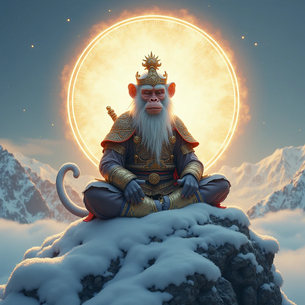 Monkey King wearing Chinese mythology armour, mediating on the top of snowy mountain, perfect monkey king from Chinese mythology, there us a magical circle behind his head which is a portal of energy