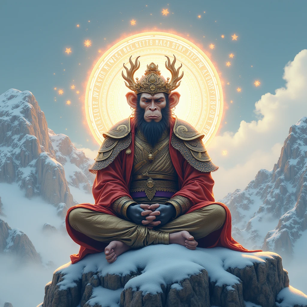 Monkey King wearing Chinese mythology armour, mediating on the top of snowy mountain, perfect monkey king from Chinese mythology, there us a magical circle behind his head which is a portal of energy
