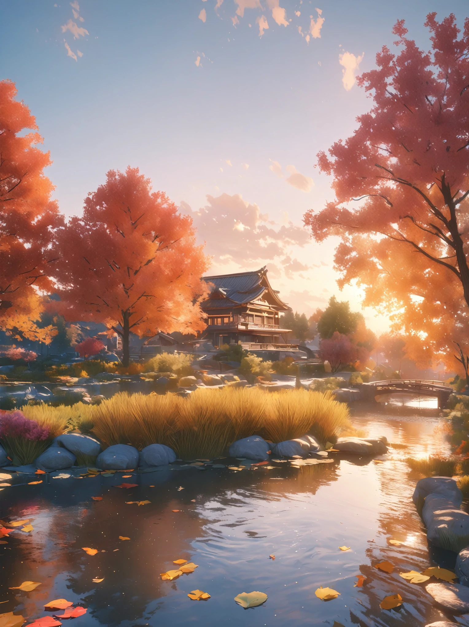 DIY16,best quality, Ultra HD, masterpieces, 8K, Practical, Anime style, 3D Rendering,(Pond in the evening:1.2), (8K, best quality, masterpiece:1.2), (Ultra-high resolution:1.0), Extremely bright design, Soft colors, (ink:1.3), Autumn Lights, High Detail, dramatic, photoPractical painting art