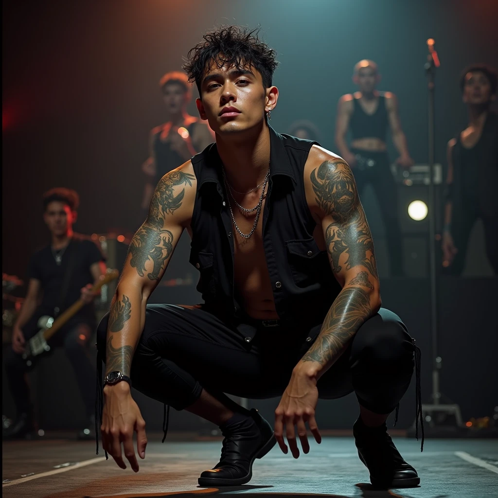 realistic photo: a rockstar 20-years old male wearing black cut outs shirt and tight black pants and transparent black sheer socks. he’s squatting down on stage, big bulge