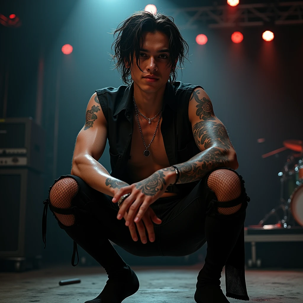 realistic photo: a rockstar 20-years old male wearing black cut outs shirt and tight black pants and transparent black sheer socks. he’s squatting down on stage, big bulge