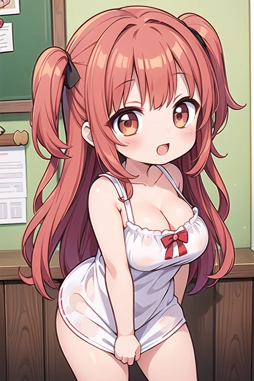 1 Cute naughty  Girl, large breasts, thick legs, (two side up, long hair, red hair), brown eyes, (naked:1.2, cleavage), (blush, ;d, yuruyuri), at the adventurer's guild, A bulletin board with posted paper