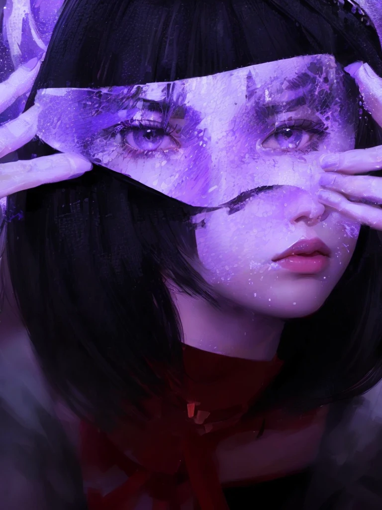 purple and black painting of a woman with a purple mask covering her eyes, digital art Ilya Kuvshinov, Ilya Kuvshinov. 4K, Ilya Kuvshinov face, non-style artwork by guweiz, Epic abstract emo girl 3d, stunning digital illustration, advanced anime digital art, digital anime art, cyberpunk anime digital art
