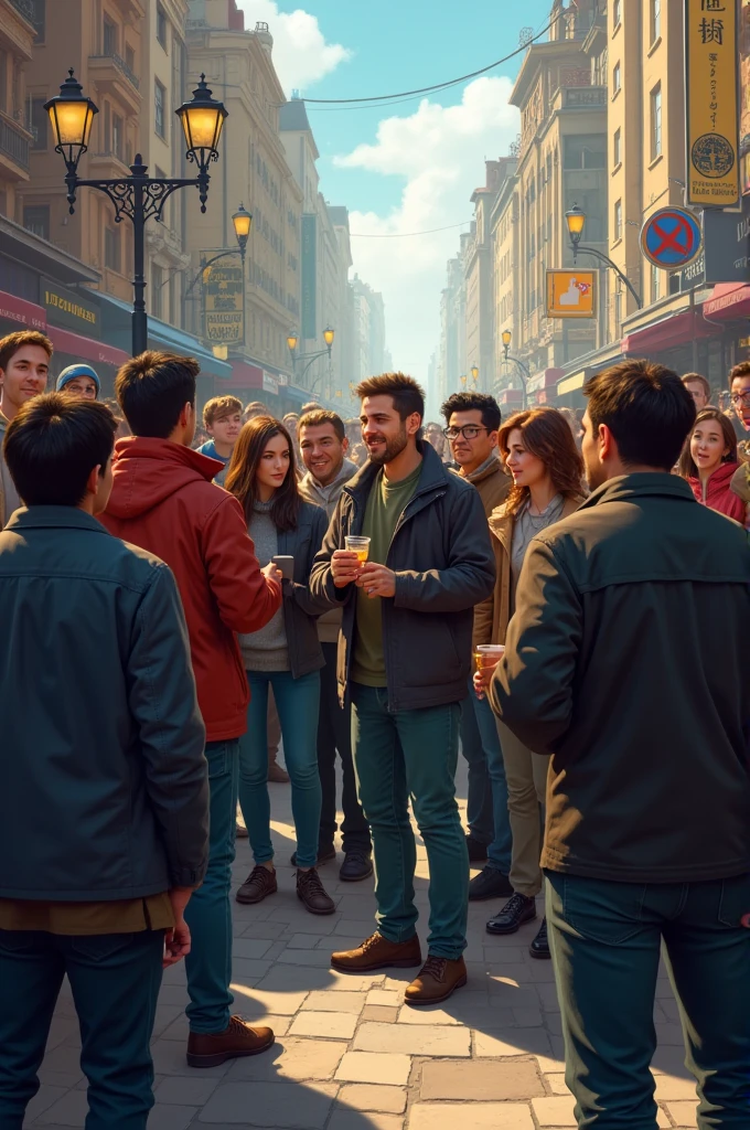 A group of people stand listening to music and one tries to pick another's pocket