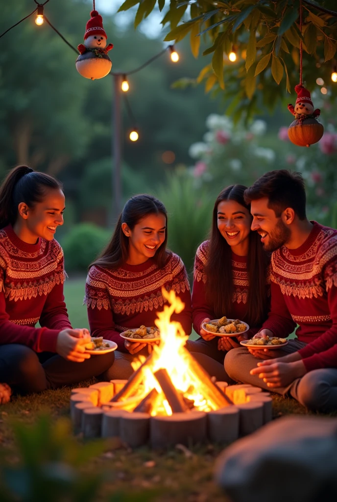 Create a photo showing a family consisting of two 16-year-old daughters, the mother and the father, at Christmas sitting in the garden of their house with a bonfire in the center with Christmas sweaters all the same, eating tamales and punch