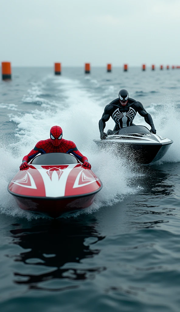 Spider-Man and Venom are both at the starting line in the ocean, ready for the race in their respective racing boats, and both are in a very serious mood.
