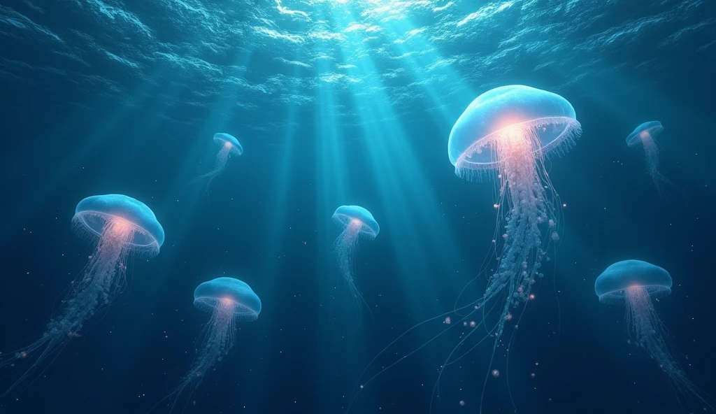 Mystical Celestial Underwater Sky: An expansive view of an underwater world where the surface above is barely visible, resembling the night sky. Tiny, glowing particles float in the water like stars, and larger, ethereal jellyfish drift slowly, their translucent bodies pulsing with soft light. The scene feels both vast and intimate, with a quiet, otherworldly beauty. Strong contrast, Good depth of field, 8K wallpaper, Masterpiece, Aesthetic illustration in realistic style, best quality, natural light, high res, highly detailed, All the colors and materials in this work are very harmoniously combined