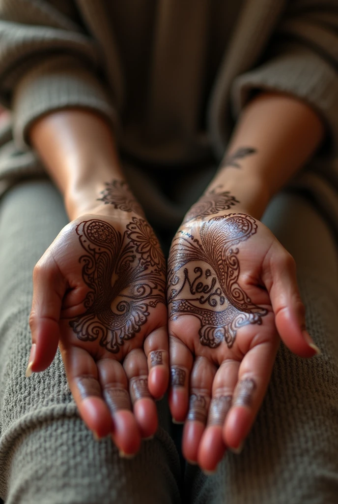 Neel on girl hand with mehndi relastic
Write neel on hand mehndi on both hand dark colour of hand hand of sofa write neel on hands

