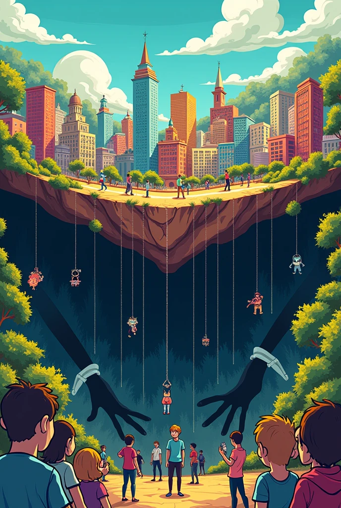 Create a cartoon-style image depicting a seemingly vibrant and cheerful city with bright, colorful buildings and smiling people on the surface. However, beneath the surface, show the hidden layers of the city with dark, shadowy figures pulling strings, representing corruption, manipulation, and exploitation. Include symbols like chains, puppeteer hands, and masked faces to signify control and deception. The contrast between the bright surface and the dark underworld should be stark, with the deeper layers revealing society's hidden and sinister secrets.