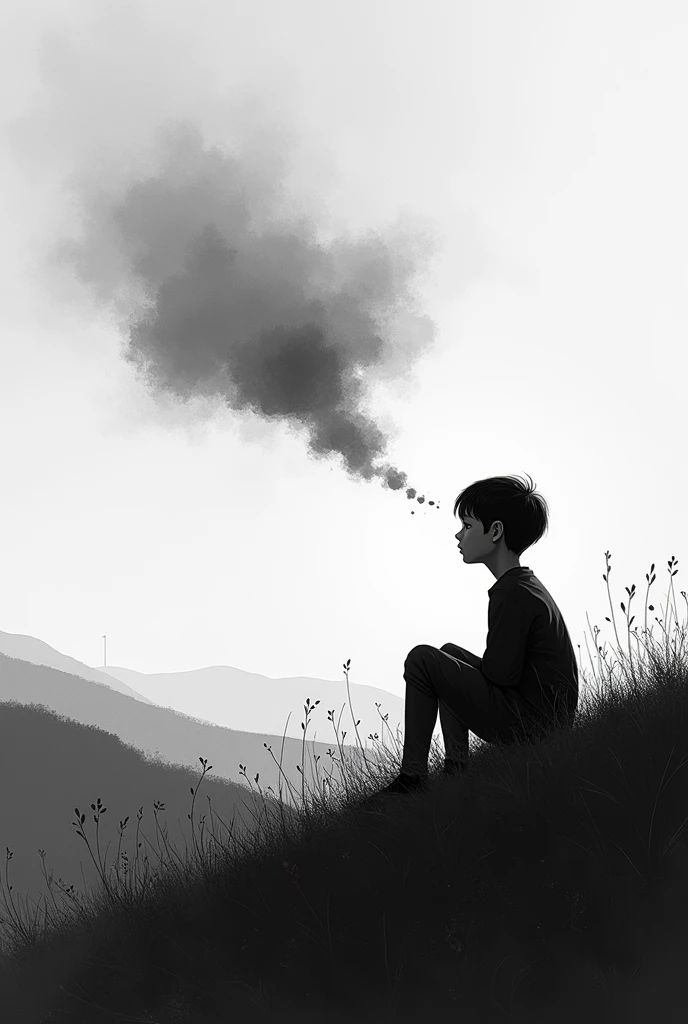 Create a black and white painting depicting a sad boy sitting at the edge of a hill remembering his mother in his thoughts (Also show his thought)