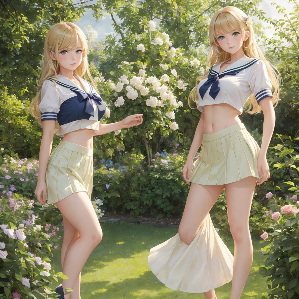3 girls, organize , long hair, Large Breasts , blush, blond, Green eyes, Sailor suit cropped top，1933 style，cute and beautiful girl，1，In the garden，Beautiful long legs，High resolution, best quality, masterpiece, Lift up the skirt, lift up the top, expose the navel, miniskirt