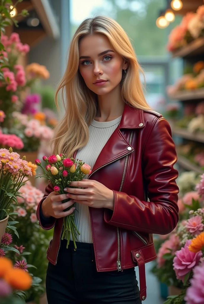 Create a realistic image of a 20 year old woman, Long blonde hair, Blue eyes, cheekbones,
((whole body)) dress in black pants, a burgundy red leather jacket, buy flowers at a florist, background image: at a florist, head to toe, full body