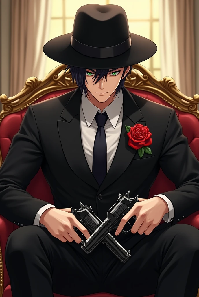 A 1 anime fantasy handsome guy with flashy green eyes , He holds two pistols in his two hands crossed , a black precious fit suit with a red rose in coat's pocket . black neat hair and The hat is on his head while his head is bent down and the hat is tilted down and covers his forehead with a devilish little smile on lips , a strong body as a sign of exerciser being , set on the golden expensive couch in front of you and posed