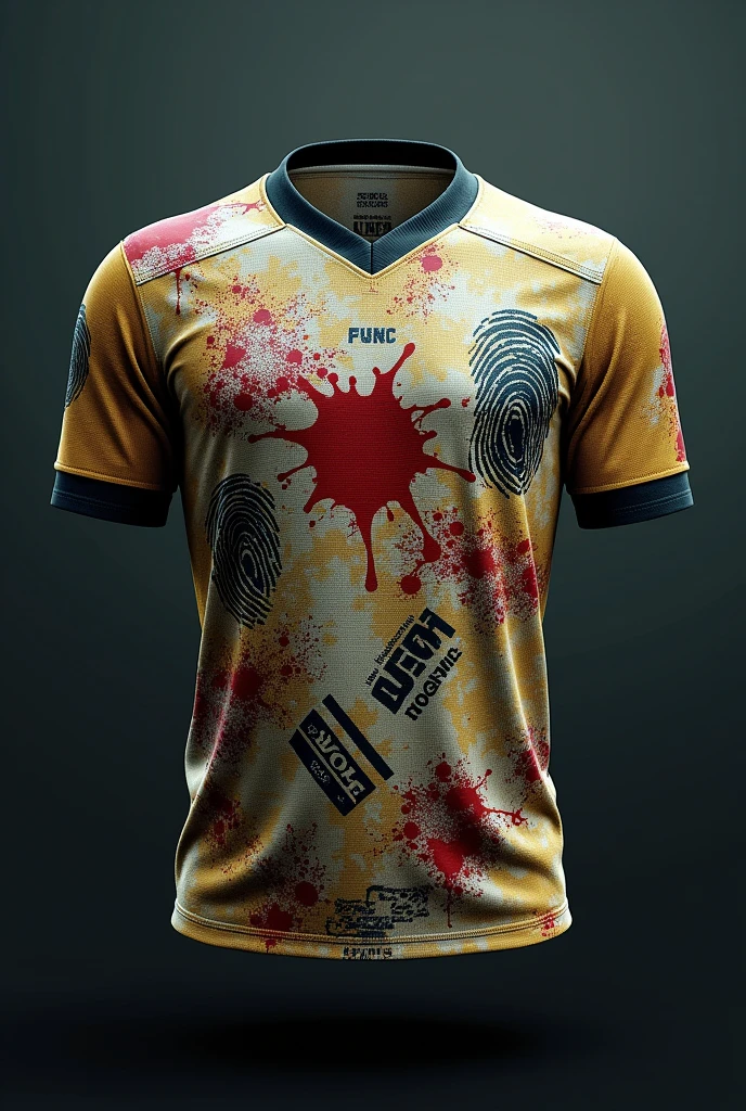 Forensic theme jersey design
With black, white, red, yellow colour
Can include element of forensic like fingerprint, caution tape, red blood splatter , tyre marks
Remove the badge right corner of shirt, the caution tape wording must be in English