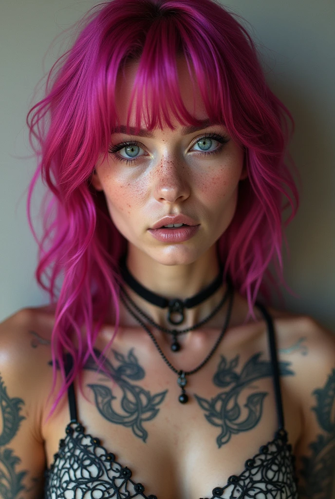 I need you to create a woman of 1.70, white with fuchsia hair color, freckles on his face and that he has tattoos