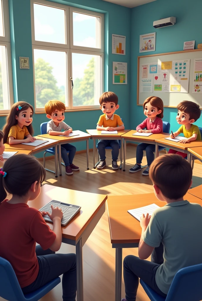 A classroom with tables and chairs arranged in a circle