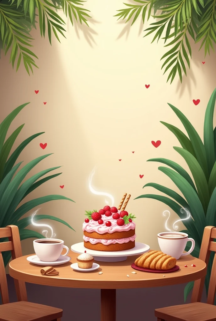 Cake shop coffee shop poster、Realistic style,Indoor angle content with cake、bread、Coffee elements,The cake is in a cute style and the background theme color of the store is cream white、With green plants、Walnut table and chairs。