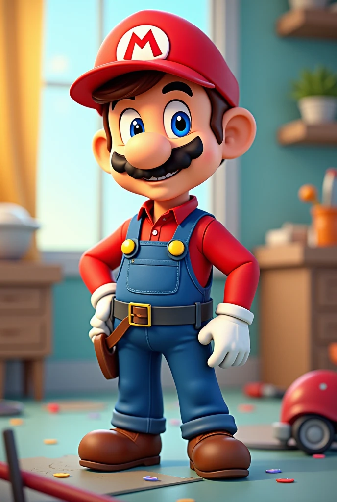 A plumber with a red hat with an m on the hat a red outfit with a blue jumpsuit blue pants brown boots and white gloves (cartoon-like)