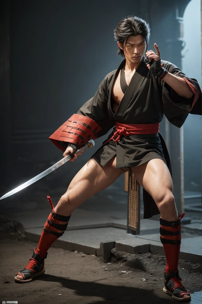 Create a realistic, high-resolution full-body image (8K or higher). The subject is a handsome Japanese man, age 25, with a tall and muscular build, balanced proportions, and a deep, chiseled face like someone of mixed heritage. He has sharp eyes, glaring intensely, and messy long hair. His attire can be a kimono, traditional Japanese armor, ninja outfit, or martial arts training gear. He can be barefoot, wearing boots, or sneakers. He wields either a katana, spear, tanto, kusarigama, meteor hammer, or nunchaku in one hand, or dual-wields them. The pose is dynamic and action-oriented. The background should be either a battlefield, Shibuya in 2024, or a green screen backdrop. Additionally, incorporate a setting with a futuristic vibe, cyberpunk atmosphere, Edo-period Japan, or Taisho-era Japan. It is essential to depict perfect details in the hands and fingers, arms, legs, head, and torso. The facial features, including the eyes, nose, and mouth, should also be impeccably detailed, with the expression showing a sharp, intense glare.