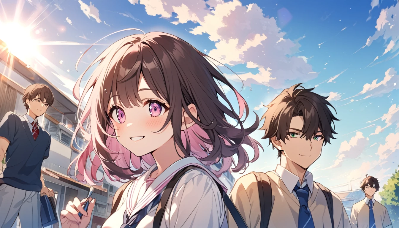 high school student,1 male,1 female,Medium Hair, Dark brown hair, Pink highlights on the tip, Pale pink eyes,Smile Facial,Blue Sky Morning,Light of the sun,seihuku,Going to school