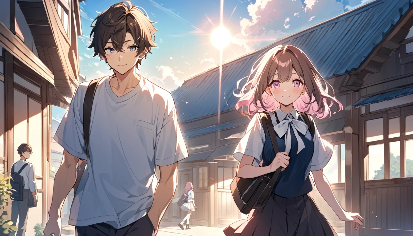 high school student,1 male,1 female,Medium Hair, Dark brown hair, Pink highlights on the tip, Pale pink eyes,Smile Facial,Blue Sky Morning,Light of the sun,seihuku,Going to school