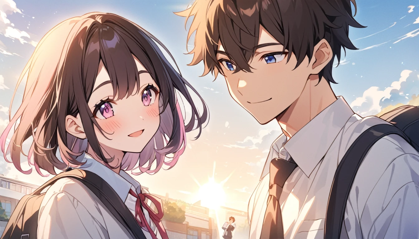 high school student,1 male,1 female,Medium Hair, Dark brown hair, Pink highlights on the tip, Pale pink eyes,Smile Facial,Blue Sky Morning,Light of the sun,seihuku,Going to school