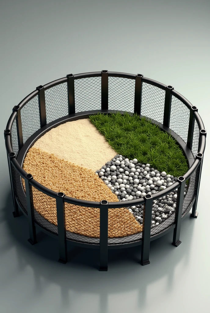 realistic black mini trampoline round in 3D with sensory mat on top divided into four different parts, a part with rice, another with sand, another with grass and another with pebbles. The trampoline has a grid around it with 1,20 metro
