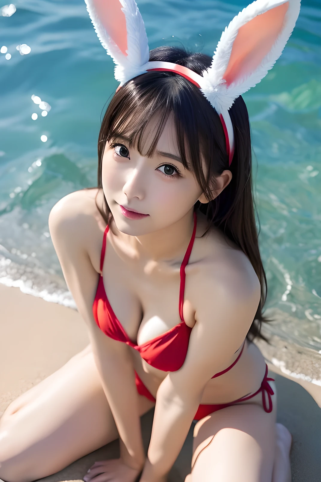 Japanese, , nsfw, 2, Sit and spread your legs in an M-shape, Red micro bikini, G Cup, Strapless, Bunny ear headband, White rabbit's tail, photograph, Real, (Photorealistic:1.3), Long Black Hair, Seaside, Daytime, Highest quality, RAW , Highest Resolution, 1080P, Sexy pose, gravure, A camera angle looking up,