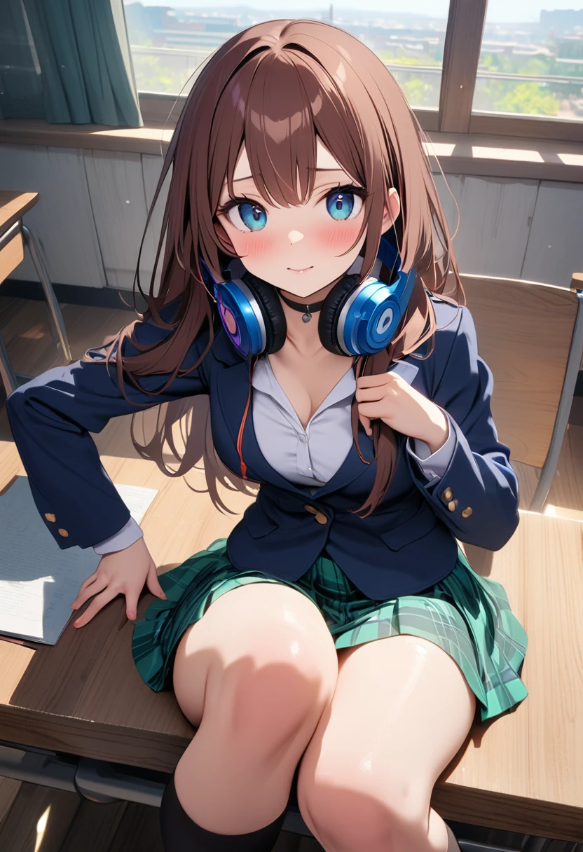 Miku Nakano, Miku Nakano, Long hair, bangs, Blue eyes, Brown hair, shirt, hair between eye, Earphone, Cardigan, headphones around their necks,
BREAK skirt, shirt, Long sleeves, White shirt, Pantyhose, Pleated skirt, Black pantyhose, Cardigan, Green skirt, Blue cardigan,Spread your legs to the sides，Put your feet on your desk
Break indoors, Classroom,
BREAK looking at viewer, Break (Masterpiece:1.2), Best quality, high resolution, Unity 8k wallpaper, (illustration:0.8), (Beautiful detailed eyes:1.6), Extremely detailed face, Perfect lighting, Extremely detailed CG, (Perfect hands, Perfect anatomy),