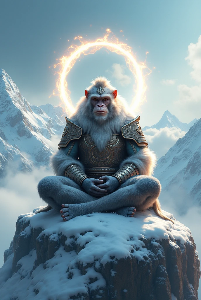 Monkey King wearing Chinese mythology armour, mediating on the top of snowy mountain, perfect monkey king from Chinese mythology, there us a magical circle behind his head which is a portal of energy